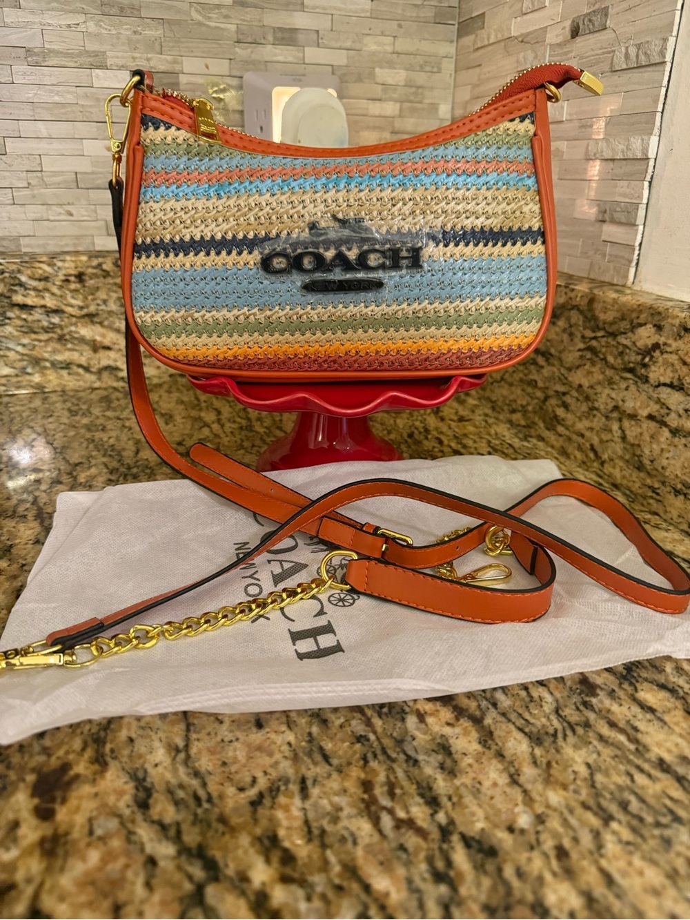 Coach Multicolor Woven Crossbody with Orange Leather Trim